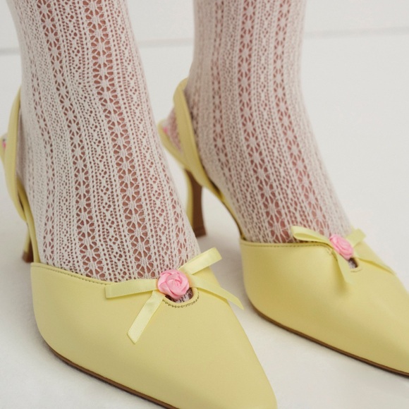 For Love & Lemons Suzette Heel Yellow & Pink Floral Rosette Slingback Shoes - Picture 4 of 13